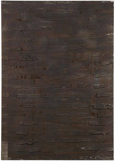 Harry Bouras (American, 1931-1990) Timewall III.: Harry Bouras (American, 1931-1990) Timewall III. Oil and plaster on canvas, signed en verso, titled, dated Oct 1976 - Nov 1976, and inscribed 'No. 19', unframed 70" x 50"