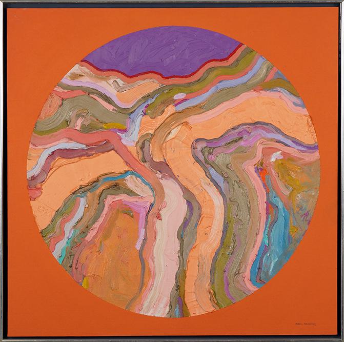 Merrill Mahaffey (American, B. 1937) From My Place.: Merrill Mahaffey (American, B. 1937) From My Place. Acrylic on canvas, signed lower right. Provenance: Joy Horwich Gallery, Scottsdale, AZ, 1969 Canvas: 36" x 36" Frame: 37 3/4" x 37 1/2"