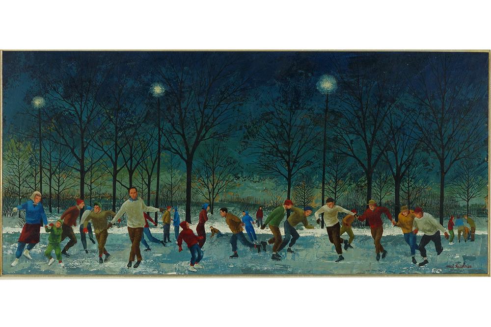 Mel Kishner (American, 1915-1991) The Skating Pond,: Mel Kishner (American, 1915-1991) The Skating Pond, Milwaukee. Oil on board, 1961, signed lower right. Reproduced in the Milwaukee Journal on Feb. 12, 1961. Newspaper included 10 1/2" x 22 3/4" Frame: