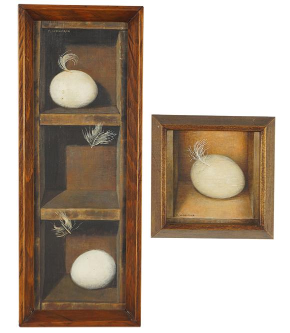 Doris Wokurka (American, 1929-1986) Eggs and Feathers.: Doris Wokurka (American, 1929-1986) Eggs and Feathers. Two oils on masonite, signed upper left or lower left Larger: 15" x 5 1/4" Frame: 16" x 6 1/4"