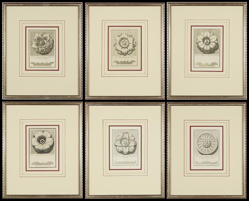 Carlo Antonini (Italian, 18th Century) Ancient Roman: Carlo Antonini (Italian, 18th Century) Ancient Roman Rosettes. Six engravings from 'Manuale di vari Ornamenti', Rome, 1781 Each: 7 1/4" x 5" Frames: 17" x 14"