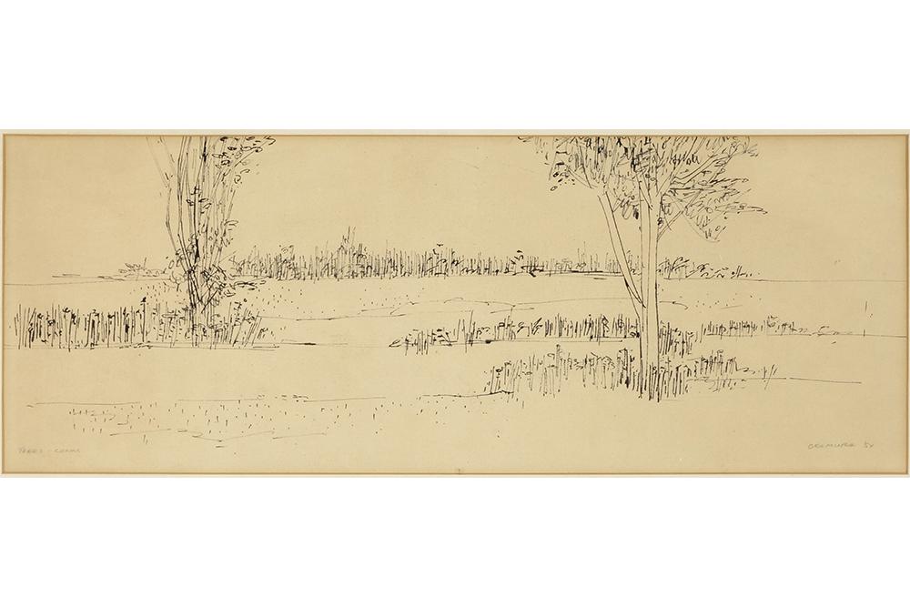 Arthur Okamura (American, 1932-2009) Trees - Conn.: Arthur Okamura (American, 1932-2009) Trees - Conn. Ink drawing, signed lower right, dated '54, titled lower left 9" x 24" Frame: 16 1/4" x 30 1/2"