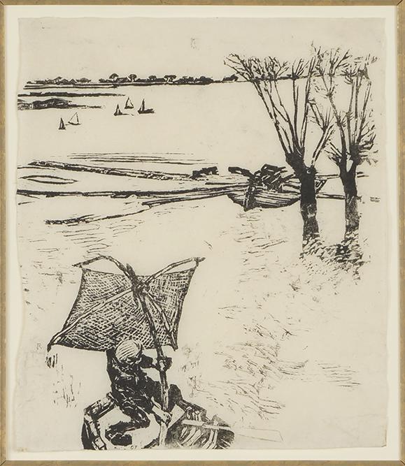 Joseph Morris Raphael (American, 1869-1950) Le Pecheur.: Joseph Morris Raphael (American, 1869-1950) Le Pecheur. Woodcut on Japan paper, pencil signed lower left 10 1/4" x 8 3/4" Frame: 21 1/2" x 20"