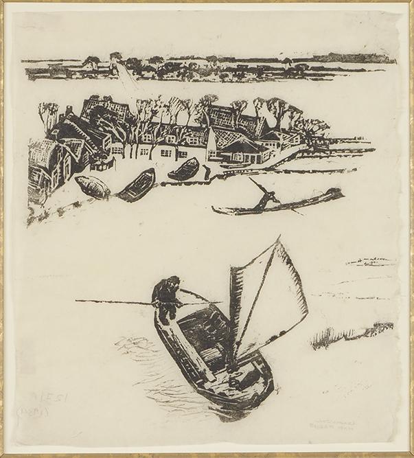 Joseph Morris Raphael (American, 1869-1950) Fishing: Joseph Morris Raphael (American, 1869-1950) Fishing Village. Woodcut on Japan paper, pencil signed lower right and inscribed illegibly 10 3/4" x 9 1/2" Frame: 21 1/2" x 20"
