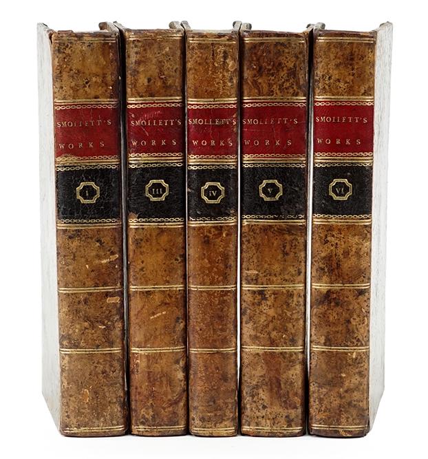 Smollet's Works.: Smollet's Works. London: J. Mundell & Co., 1796, volumes 1, 3, 4, 5, and 6, with full mottled calf binding
