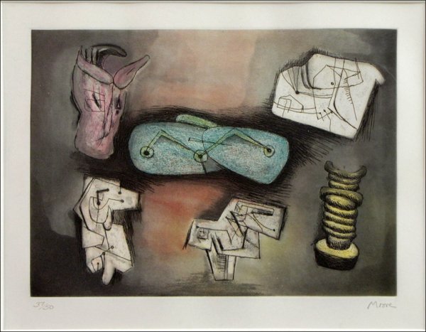 HENRY MOORE (BRITISH 1898-1986) SCULPTURAL IDEA: HENRY MOORE (BRITISH 1898-1986) SCULPTURAL IDEAS 4. From the Sculptural Ideas Portfolio, 1981, etching and aquatint on paper, signed in pencil lower right and numbered lower left 37/50; Verso: Gallery