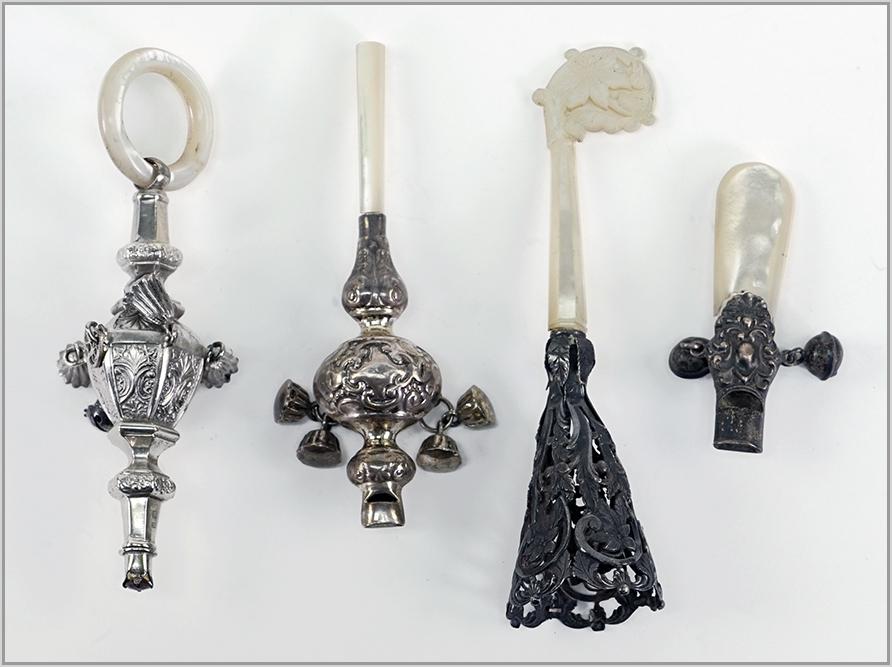 Three Silver & Mother-Of-Pearl Baby Rattles. (1 of 1)