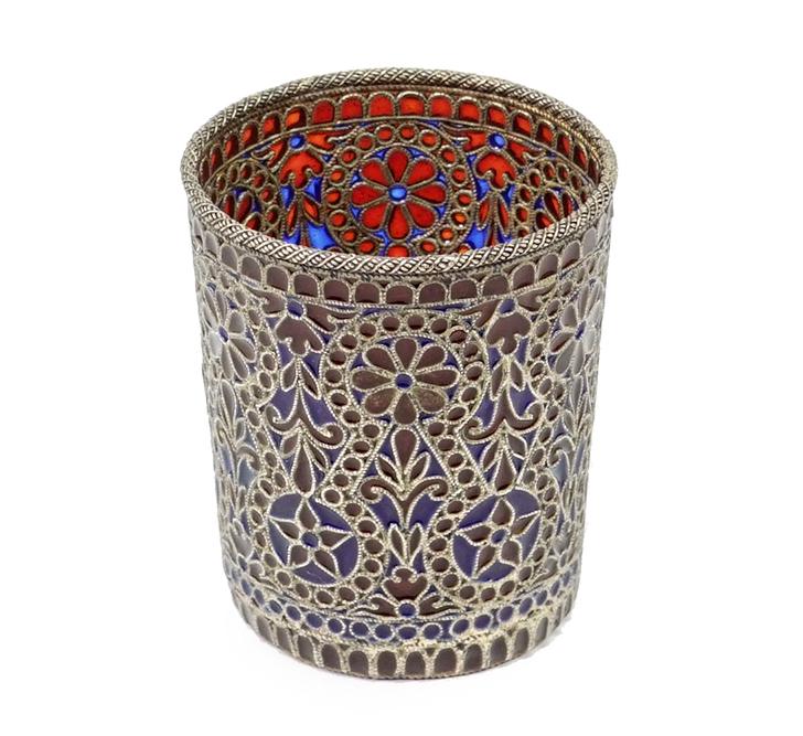A Vodka Cup.: A Vodka Cup. Gilt silver vodka cup decorated with plique-a-jour enamel throughout. Not marked, possibly Russian 2" x 1 3/4" Wt: 1.40 ozt