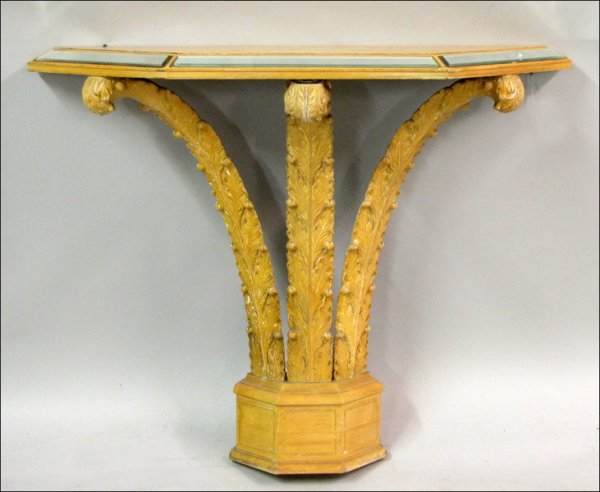 FRENCH ART DECO CARVED WOOD AND MIRRORED CONSOLE TABLE.