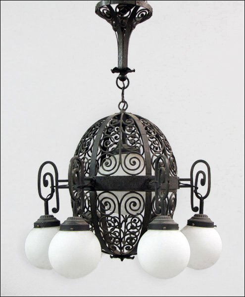 AUSTRIAN ART DECO WROUGHT IRON HANGING LIGHT FIXTURE.: AUSTRIAN ART DECO WROUGHT IRON HANGING LIGHT FIXTURE.