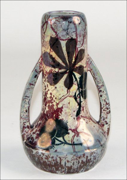 TEPLITZ AMPHORA SHAPED IRRIDESCENT GLAZED CERAMIC VASE : TEPLITZ AMPHORA SHAPED IRRIDESCENT GLAZED CERAMIC VASE DECORATED WITH HORSE CHESTNUTS. c. 1900 Height: 6.75"