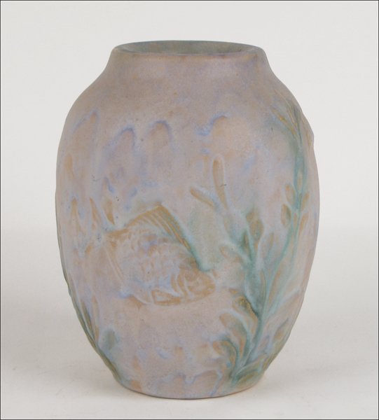 BOURNE DENBY TERRA COTTA SALT GLAZED VASE WITH A FISH D: BOURNE DENBY TERRA COTTA SALT GLAZED VASE WITH A FISH DESIGN. England, c. 1912-30 Height: 9"