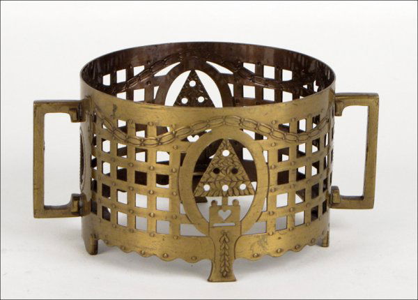 GERMAN PIERCED BRASS FOOTED WINE COASTER.: GERMAN PIERCED BRASS FOOTED WINE COASTER. Height: 2.75" Diameter: 4"