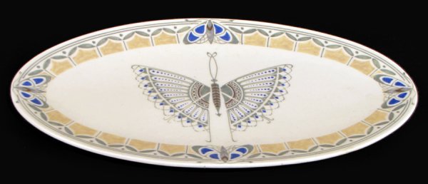 DUTCH ART NOUVEAU ART POTTERY PLATE/PLAQUE WITH HAND : DUTCH ART NOUVEAU ART POTTERY PLATE/PLAQUE WITH HAND PAINTED DESIGNS. c. 1900 H: .75" W: 11.25" D: 6.5"