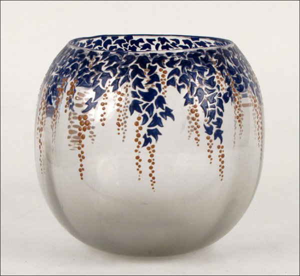 JEAN LUCE ART DECO GLASS BOWL.: JEAN LUCE ART DECO GLASS BOWL. Hand blown with enamel decoration, hallmarked / monogrammed, circa 1929 9"x9"