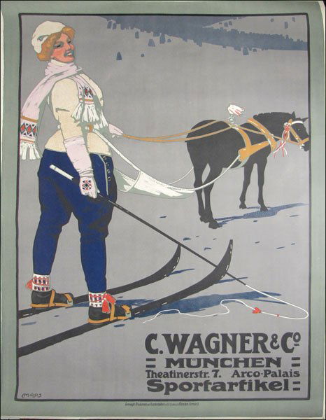 CARL MOOS, VINTAGE SKI POSTER.: CARL MOOS, VINTAGE SKI POSTER. C. Wagner & Co Sportartikel, Munchen, 1908 48"x36"