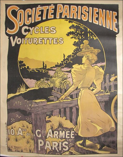 ANTIQUE FRENCH ADVERTSING POSTER, SOCIETE PARISIENNE, C: ANTIQUE FRENCH ADVERTSING POSTER, SOCIETE PARISIENNE, CYCLES VOITURETTES. 1895 62"x46"