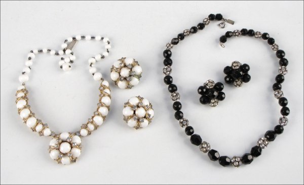 HATTIE CARNEGIE BLACK FACETED GLASS BEAD AND RHINESTONE: HATTIE CARNEGIE BLACK FACETED GLASS BEAD AND RHINESTONE DEMI-PARURE. Together with a Hattie Carnegie rhinestone and white glass demi-parure