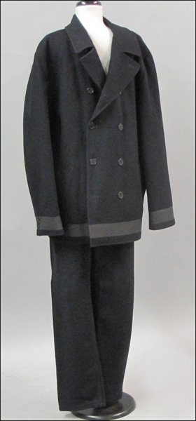 HELMUT LANG MAN'S NAVY BLUE WOOL DOUBLE BREASTED PEA CO: HELMUT LANG MAN'S NAVY BLUE WOOL DOUBLE BREASTED PEA COAT. Together with a pair of Helmut Lang navy blue pants Coat: Size 54 Pants: Size 38