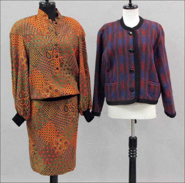 GUY LAROCHE WOOL IKAT CROPPED JACKET.: GUY LAROCHE WOOL IKAT CROPPED JACKET. Together with a Guy Laroche wool print blouse with matching skirt All pieces: French size 38