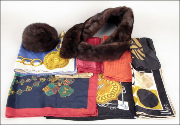 BROWN MINK STOLE AND PILL BOX HAT.: BROWN MINK STOLE AND PILL BOX HAT. Together with silk scarves by Vera, Oleg Cassini, and others