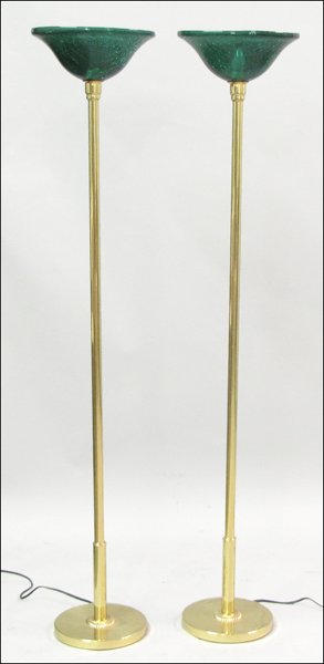 PAIR OF FREDERICK COOPER FLOOR LAMPS.: PAIR OF FREDERICK COOPER FLOOR LAMPS. Green glass shades Height: 67.25"