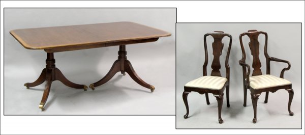 BAKER COLLECTOR'S EDITION MAHOGANY EXTENSION DI: BAKER COLLECTOR'S EDITION MAHOGANY EXTENSION DINING TABLE. With three 18" leaves. Together with a set of six Henredon Queen Anne style dining chairs, comprised of two armchairs and four side chairs, H