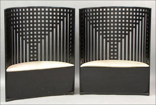 PAIR OF CHARLES MACKINTOSH WILLOW CHAIRS.: PAIR OF CHARLES MACKINTOSH WILLOW CHAIRS. Curved lattice back chairs are comprised of ebonized ashwood H: 47" W: 36" D: 16"
