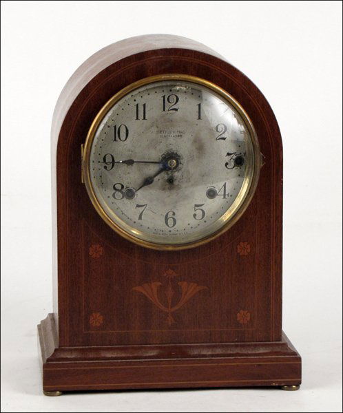 SETH THOMAS SONORA CHIME INLAID MAHOGANY MANTEL: SETH THOMAS SONORA CHIME INLAID MAHOGANY MANTEL CLOCK. H:13"