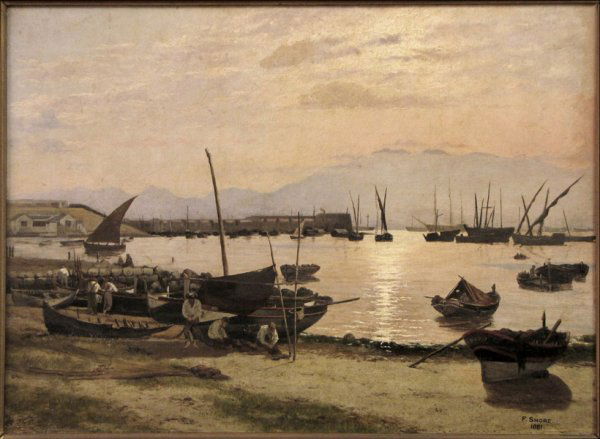 FREDERICK WILLIAM JOHN SHORE (1844-1916) FISHIN: FREDERICK WILLIAM JOHN SHORE (1844-1916) FISHING BOATS IN HARBOR, 1881. Oil on canvas laid down on board, signed and dated lower right 'F. Shore, 1881;' Frame: 20.25" x 26.25" 15.50" x 21.50"