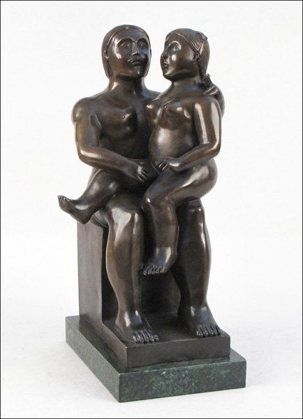 BRONZE FIGURE OF A SEATED MAN AND WOMAN IN THE: BRONZE FIGURE OF A SEATED MAN AND WOMAN IN THE STYLE OF FERNANDO BOTERO. Unsigned, raised on a 1.5" green marble base Bronze: H: 17" W: 9" D: 6"