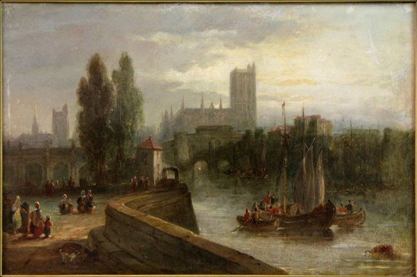 GEORGE BALMER (BRITISH 1806-1846) HARBOR SCENE.: GEORGE BALMER (BRITISH 1806-1846) HARBOR SCENE. Oil on board, signed lower left; Verso: Gallery label reading in part 'The Parker Gallery, London;' Paper label reading in part 'July, 1936 at Melbourne