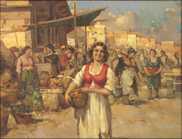 GIUSEPPE PITTO (ITALIAN 1857-1928) VEGETABLE MA: GIUSEPPE PITTO (ITALIAN 1857-1928) VEGETABLE MARKET. Oil on canvas, signed lower left 'Pitto;' Frame: 28.50" x 36.25" 24" x 32"