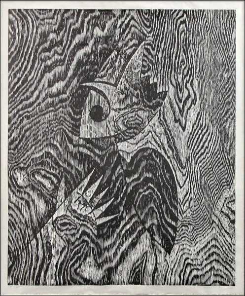 SUZANNE CAPORAEL (AMERICAN, B.1949) NOT YOU AGA: SUZANNE CAPORAEL (AMERICAN, B.1949) NOT YOU AGAIN. Woodcut on rice paper, 1988, signed, dated and numbered in pencil in the lower margin, edition 9/36; Verso: Gallery label reading in part 'Richard Gr