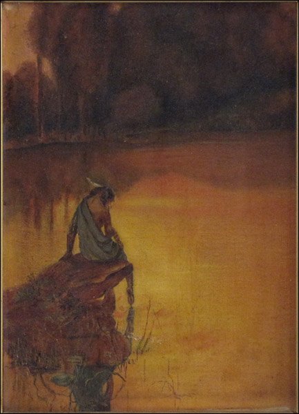SAMUEL COLEMAN JR. (ATTRIBUTED TO) INDIAN BY A : SAMUEL COLEMAN JR. (ATTRIBUTED TO) INDIAN BY A POND. Oil on canvas 10.75"x7.75"
