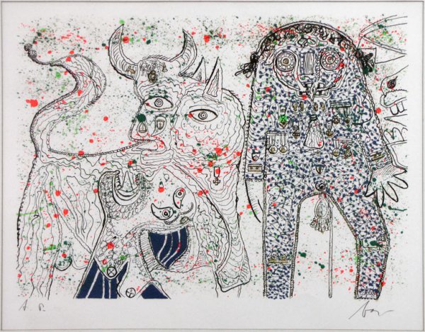 ENRICO BAJ (ITALIAN 1924-2003) GEURNICA.: ENRICO BAJ (ITALIAN 1924-2003) GEURNICA. Mixed media print with collage, 1972, signed in pencil lower right, edition A.P.; Engraving on silver plate, 1972, signed lower right; Exhibition History: Part