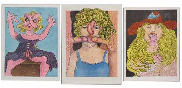 ENRICO BAJ (ITALIAN 1924-2003) THREE WORKS.: ENRICO BAJ (ITALIAN 1924-2003) THREE WORKS. THE DUEL, FEMME AU LOLLIPOP, UNTITLED (SEATED WOMAN): Each a lithograph in colors, signed in pencil lower right and numbered lower left 5/50; Loose sheets 3