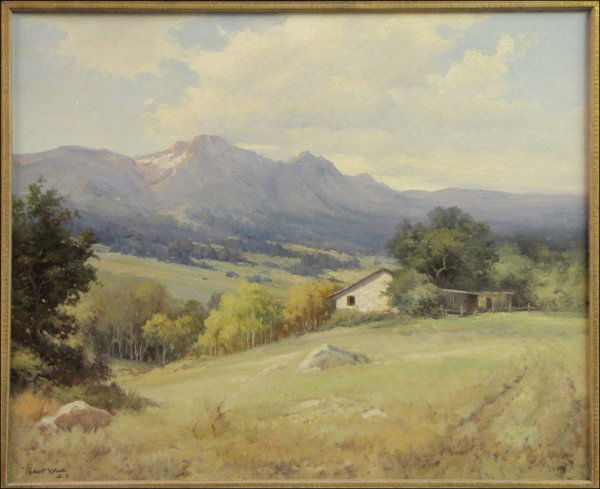 ROBERT WOOD (AMERICAN 1889-1979) MOUNTAIN HOME,: ROBERT WOOD (AMERICAN 1889-1979) MOUNTAIN HOME, 1943. Oil on canvas, signed and dated lower left 'Robert Wood '43;' Frame: 30.50" x 35.50" 24.50" x 29.50"