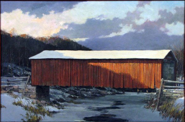 ERIC SLOANE (AMERICAN 1905-1985) SKATING BY THE: ERIC SLOANE (AMERICAN 1905-1985) SKATING BY THE BRIDGE. Oil on masonite, signed lower left; Verso: Retail label reading in part 'Abercrombie & Fitch Co., Madison Ave, New York;' Frame: 29" x 40.75" 24