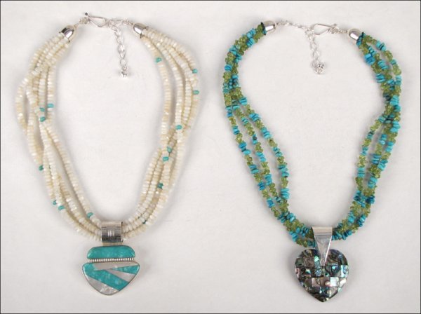 JAY KING TURQUOISE AND PERIDOT TRIPLE STRAND NE: JAY KING TURQUOISE AND PERIDOT TRIPLE STRAND NECKLACE. With a sterling silver clasp. Together with a Jay King abalone and sterling silver heart pendant, and a mother of pearl and turquoise five strand