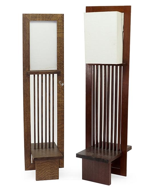 A Frank Lloyd Wright Style Prairie Table Lamp.: A Frank Lloyd Wright Style Prairie Table Lamp. Mahogany single-light lamp with canvas shade. Together with a Frank Lloyd Wright style Japanese oak print stand (35" x 9" x 10 1/2") 36 1/2" x 11 1/2" x