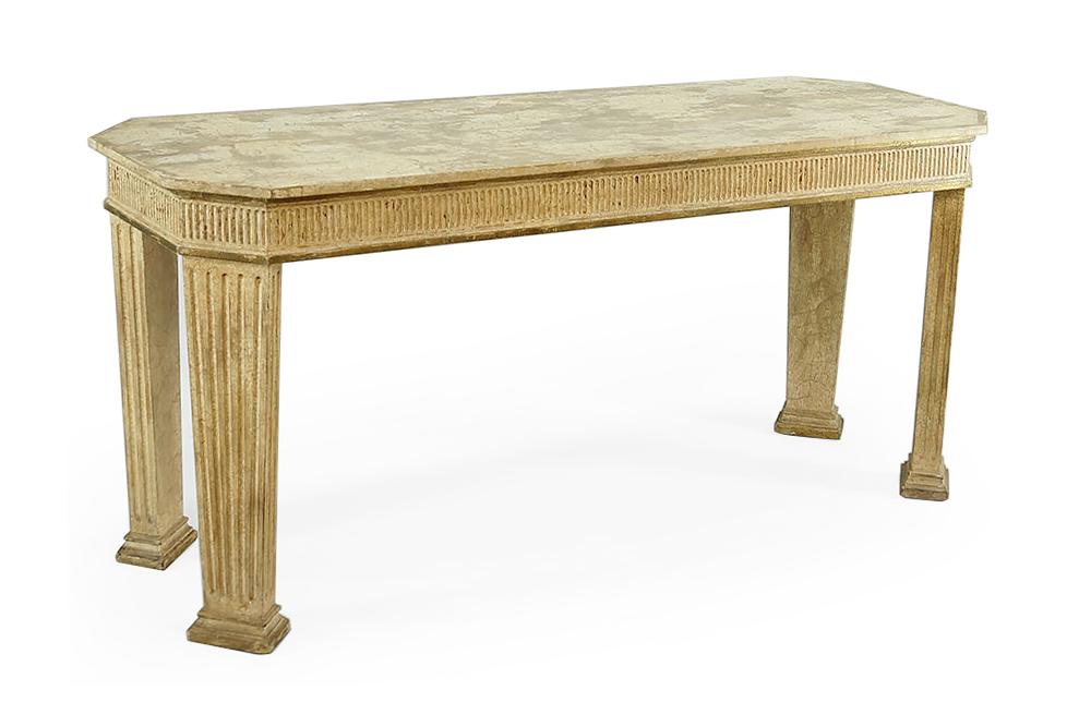 A Console Table.: A Console Table. Neoclassical style whitewashed wood console table raised on angled fluted legs 33" x 71 1/2" x 24"