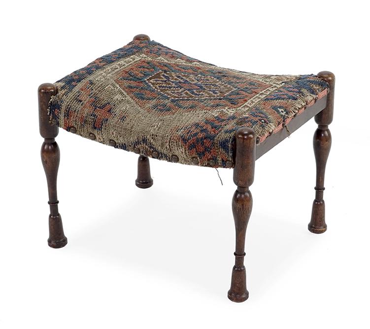 A Gustav Stickley Bungalow Stool.: A Gustav Stickley Bungalow Stool. Circa 1900, mahogany stool upholstered with a Caucasian textile fragment, unmarked 15 1/2" x 20 1/2" x 17"