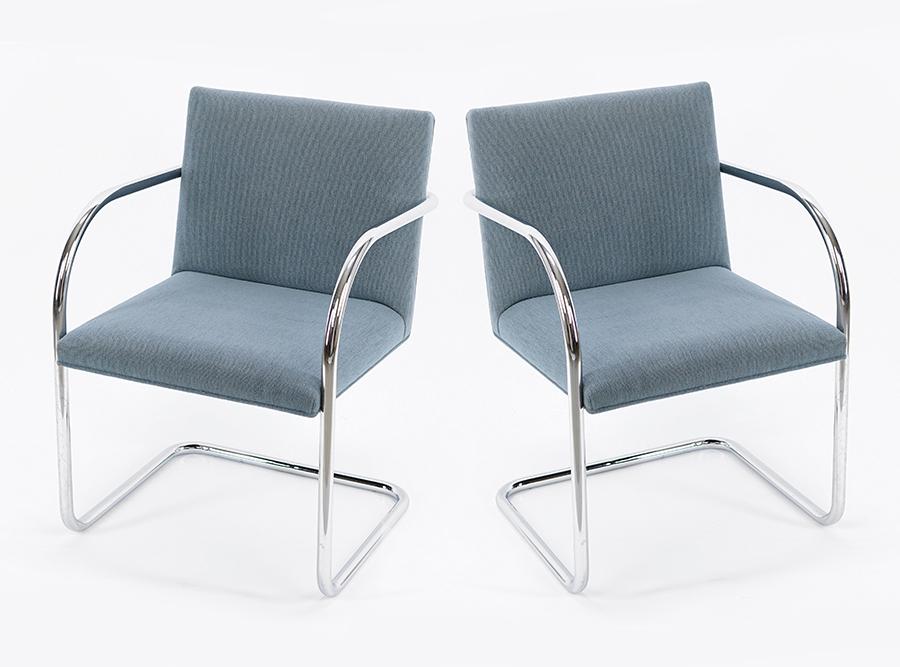 A Set of Four Brno Chairs.: A Set of Four Brno Chairs. Gordon International tubular chrome chairs with blue upholstery Back height: 32"