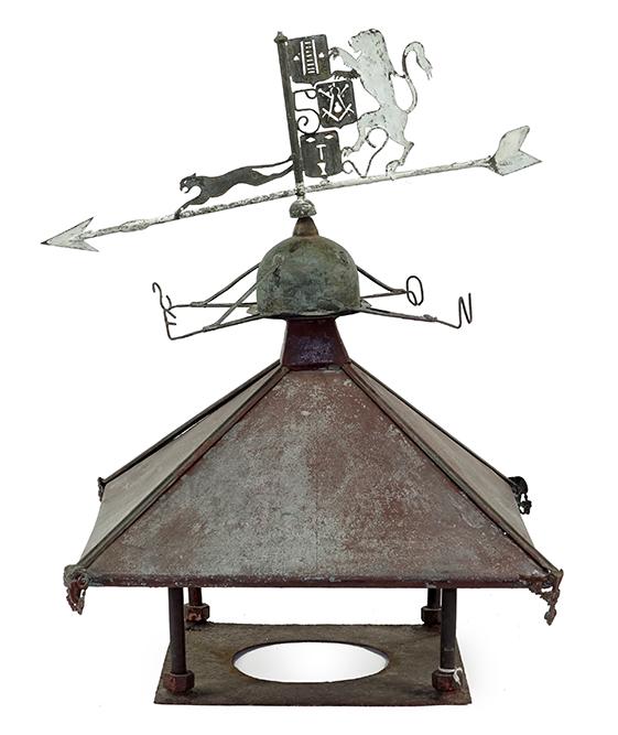 A Continental Weathervane Vent Cap.: A Continental Weathervane Vent Cap. Painted steel, brass, and copper. Bearing a lion and a panther at top 25" x 19" x 19"