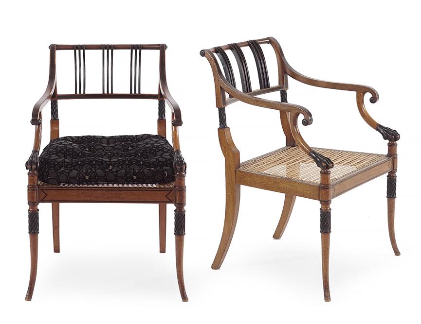 A Set of Four Regency Armchairs.: A Set of Four Regency Armchairs. Bearing ebonized accents, caned seats, and later upholstered seat cushions Back height: 33 1/4"