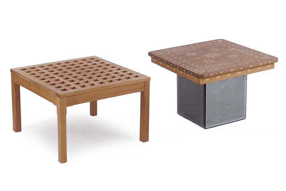 Two Tables.: Two Tables. Comprising an inlaid wood table raised on a mirrored base and a teak openwork table Inlaid table: 16 1/2" x 24" x 23"