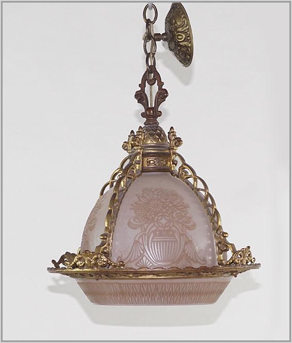 A Patinated Metal and Glass Light Fixture.: A Patinated Metal and Glass Light Fixture. 24" x 16"