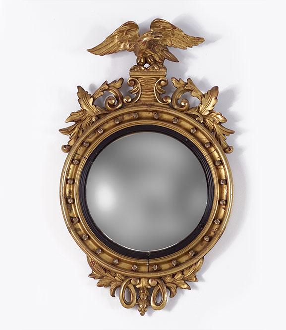 A Federal Gilt Wood Convex Mirror.: A Federal Gilt Wood Convex Mirror. 41" x 25"