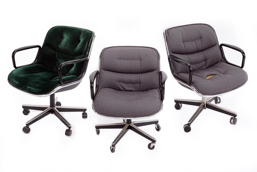Three Charles Pollock for Knoll Executive Chairs.: Three Charles Pollock for Knoll Executive Chairs. Comprising a green velvet chair and a pair of grey upholstered chairs Green: 33" x 26 1/2" x 32"